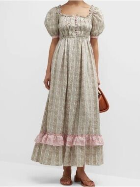 Lug Von Siga - Elisa Linen Smocked Button-Front Midi Dress - Size 4 - Green/pink